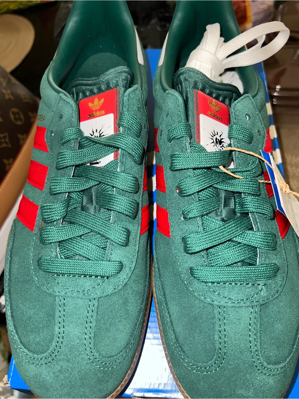 adidas Men’s Green Suede Samba Sneakers with Red Stripes